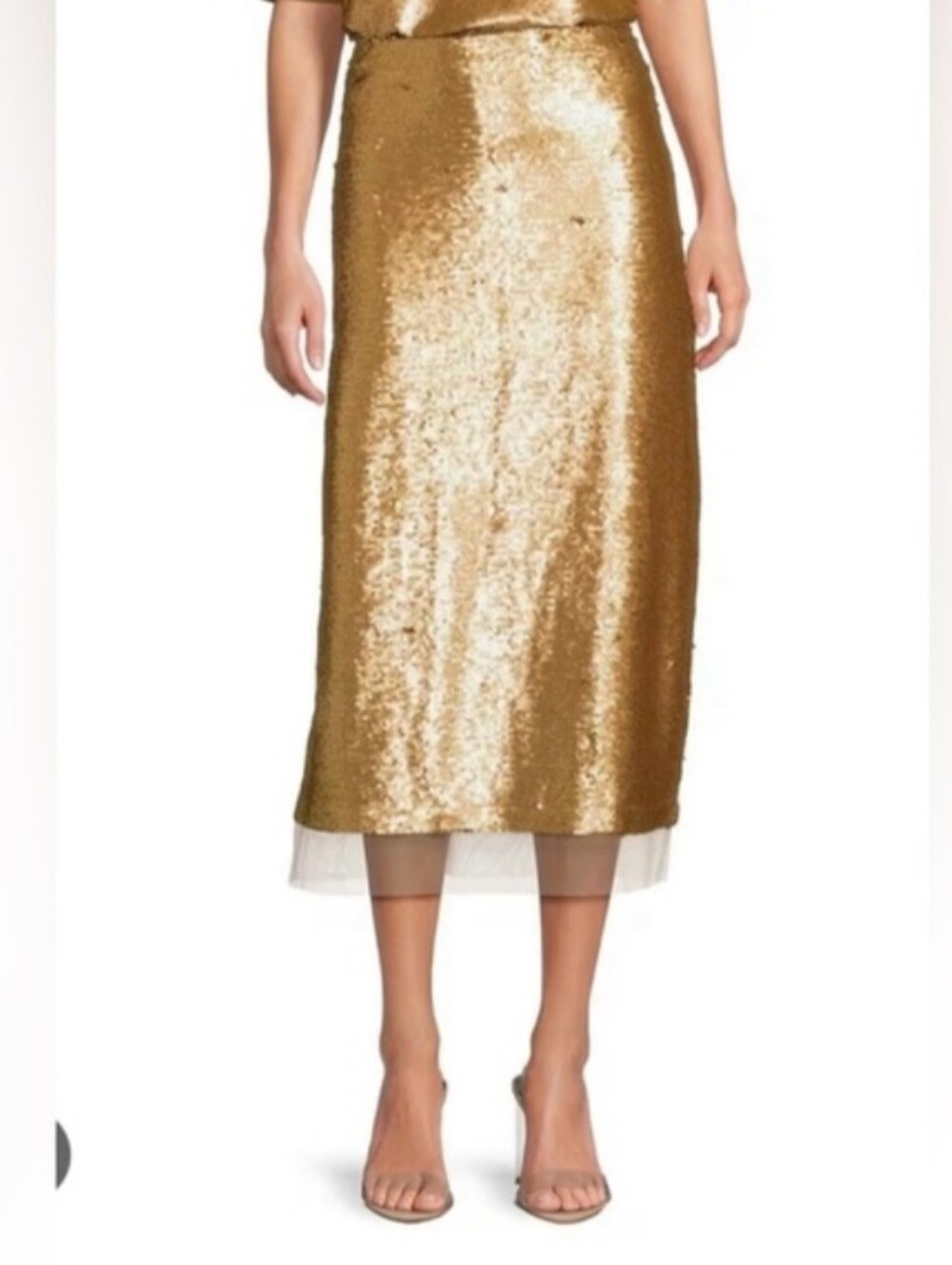 NWT Le’ AL.X Gold Sequin Midi Skirt with Sheer Hem Size 4